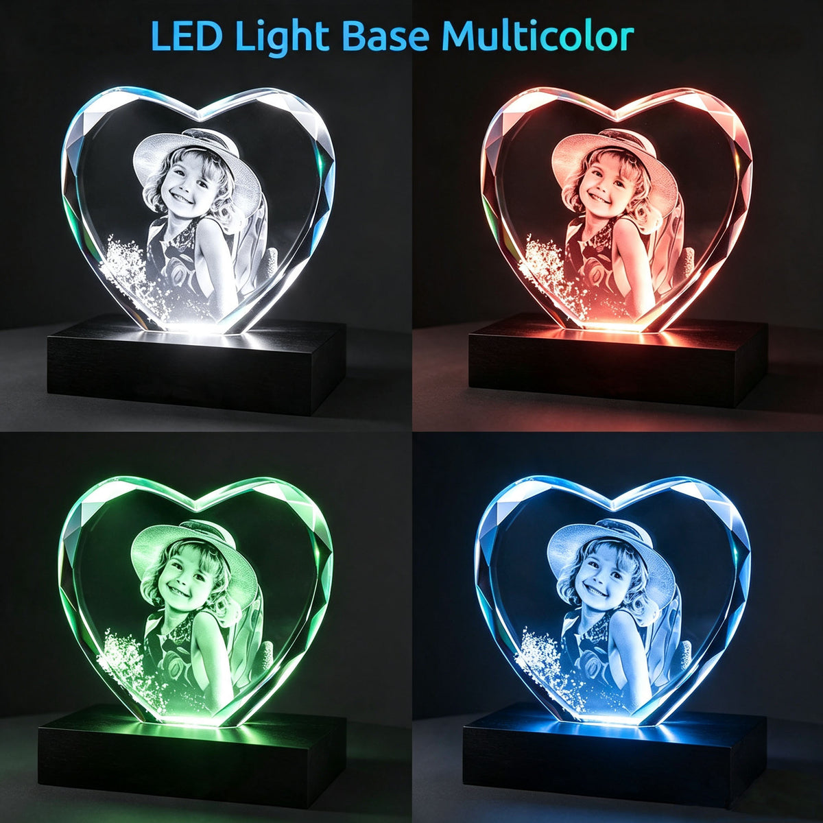 Four lighting modes wooden LED base heart crystal photo frame