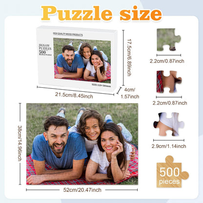 500 piece custom photo jigsaw puzzle size specifications, personalized picture puzzle dimension layout, medium difficulty custom puzzle size reference chart