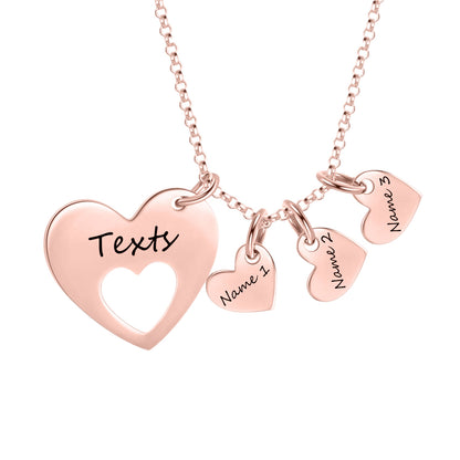 Rose gold personalized multi heart engraved necklace, custom name hollow heart jewelry for gift