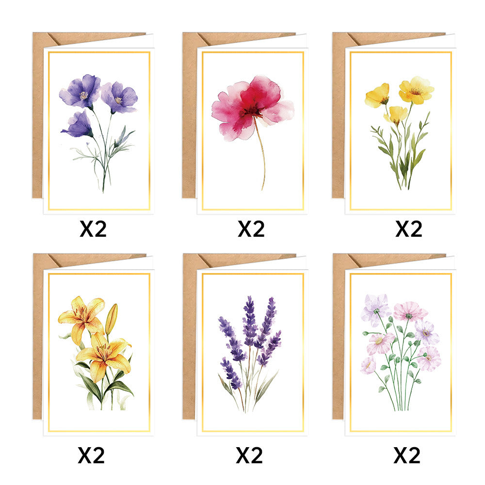 6 assorted watercolor wildflower designs blank note cards, 2 cards per pattern