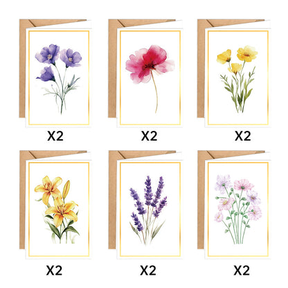 6 assorted watercolor wildflower designs blank note cards, 2 cards per pattern