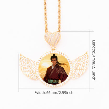 Dimension size guide for 66mm zirconia angel wing custom photo pendant, unisex portrait necklace measurement reference