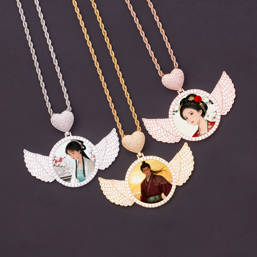 66mm unisex zirconia angel wing photo pendant necklace, personalized round portrait locket in silver gold rose gold