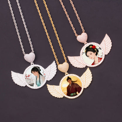 66mm unisex zirconia angel wing photo pendant necklace, personalized round portrait locket in silver gold rose gold