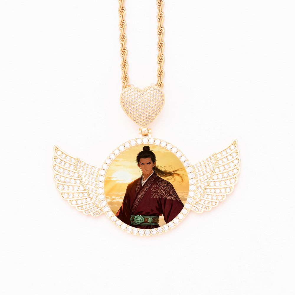Gold zirconia angel wing custom photo necklace with heart charm, personalized portrait pendant with twisted rope chain