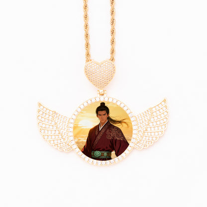 Gold zirconia angel wing custom photo necklace with heart charm, personalized portrait pendant with twisted rope chain