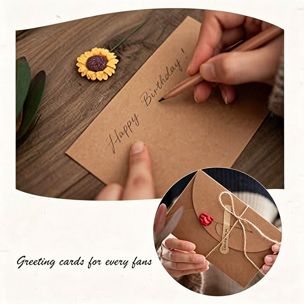 Kraft Floral Blank Note Card, Greeting Cards with Envelope, Artificial Flower, Twine & Seal Sticker