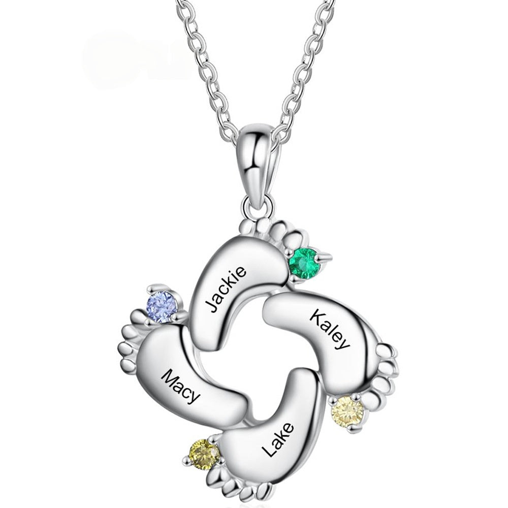Custom Baby Footprint Birthstone Necklace Name Zirconia Pendant