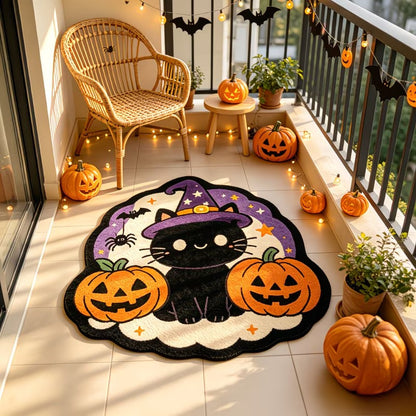 Halloween black cat tufted style faux cashmere rug, irregular shaped floor mat with pumpkin decor