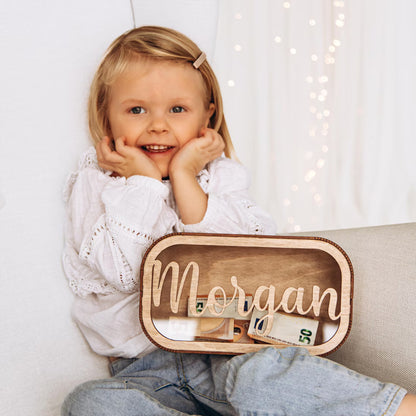 Custom name wooden toddler piggy bank personalized coin savings box for kids bedroom decor
