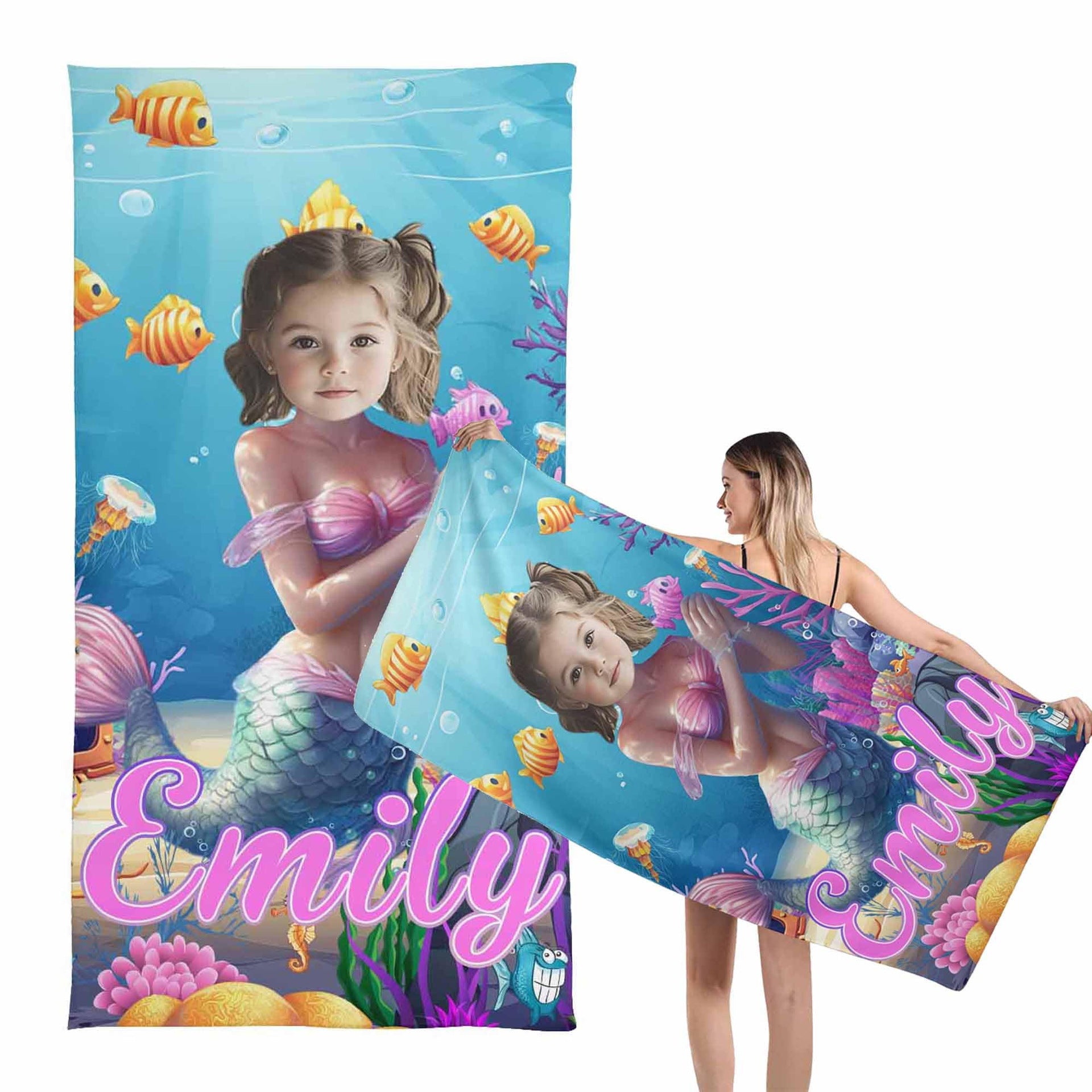 Custom caricature mermaid design personalized beach towel for kids girls, upload child photo to print unique face artwork with custom name, summer pool essential bath towel
