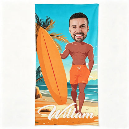 Personalized custom photo surfing man design beach towel for men, add your face and custom name, tropical ocean palm tree print large pool towel for summer travel gifts