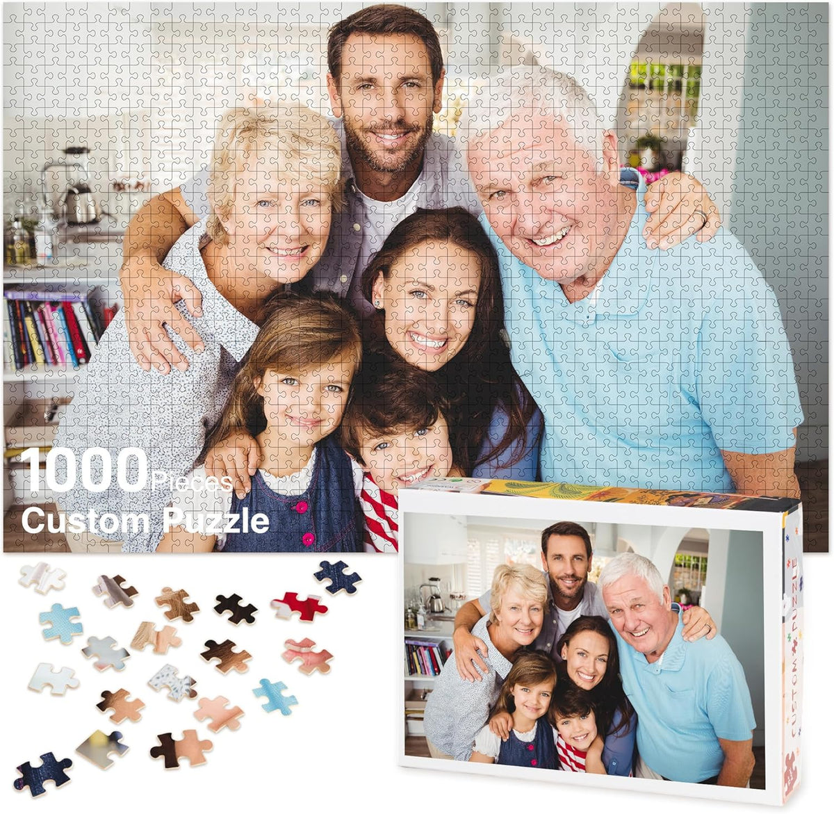 Custom 1000 piece family photo jigsaw puzzle, personalized custom picture puzzle with big family portrait, sentimental memory keepsake cardboard puzzle gift for grandparents family reunion