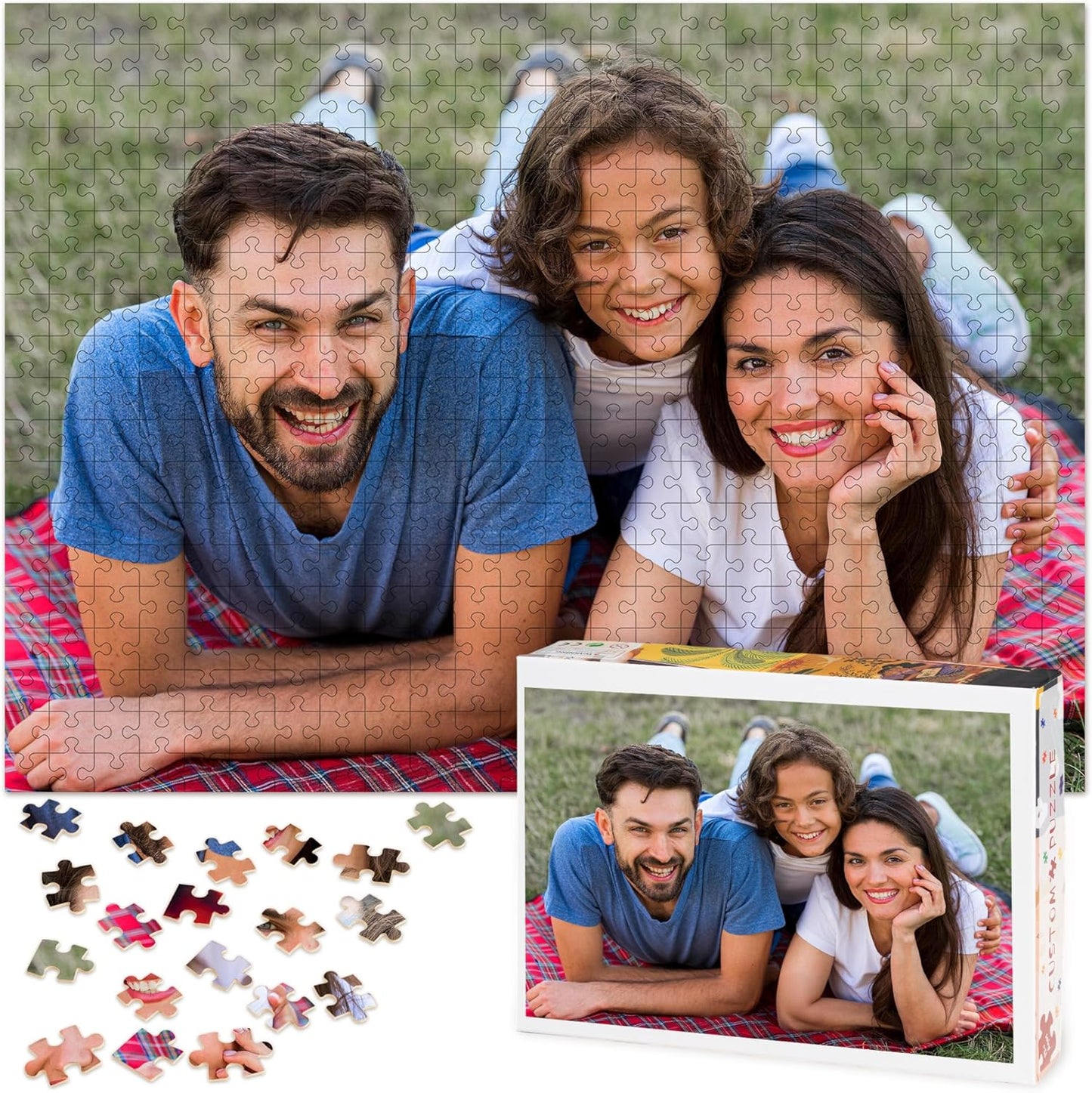 Custom family outdoor lifestyle photo jigsaw puzzle, personalized printed picture keepsake puzzle with family candid photograph, finished puzzle with gift box