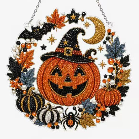 Halloween DIY diamond painting wreath kit, 5D diamond art front door hanging ornament