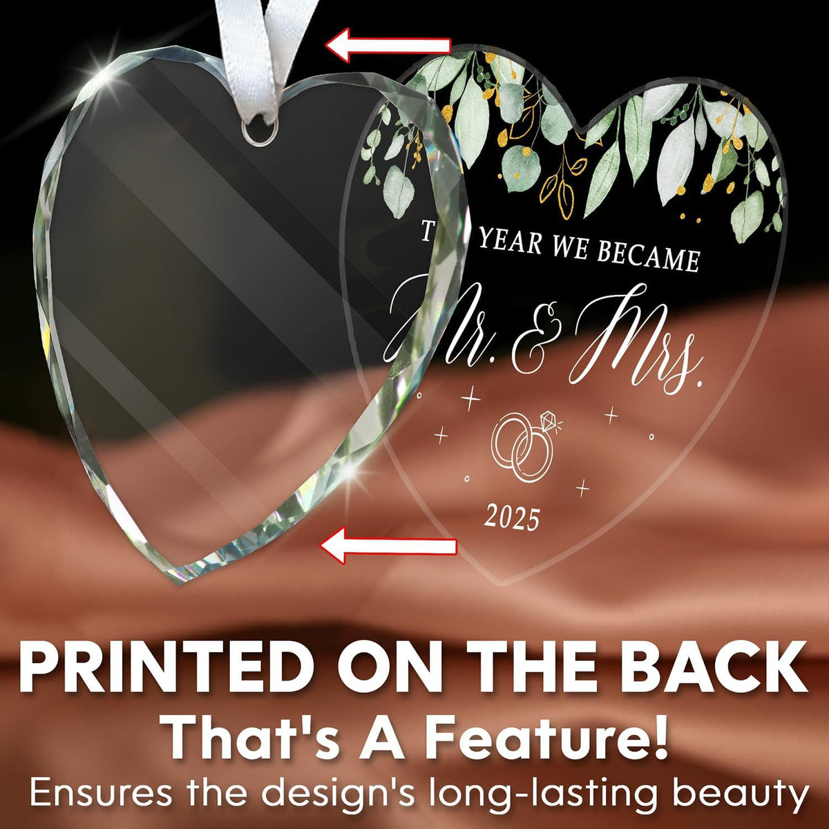 Front engraved design & blank back customizable heart crystal ornament, permanent laser etching wedding keepsake decoration
