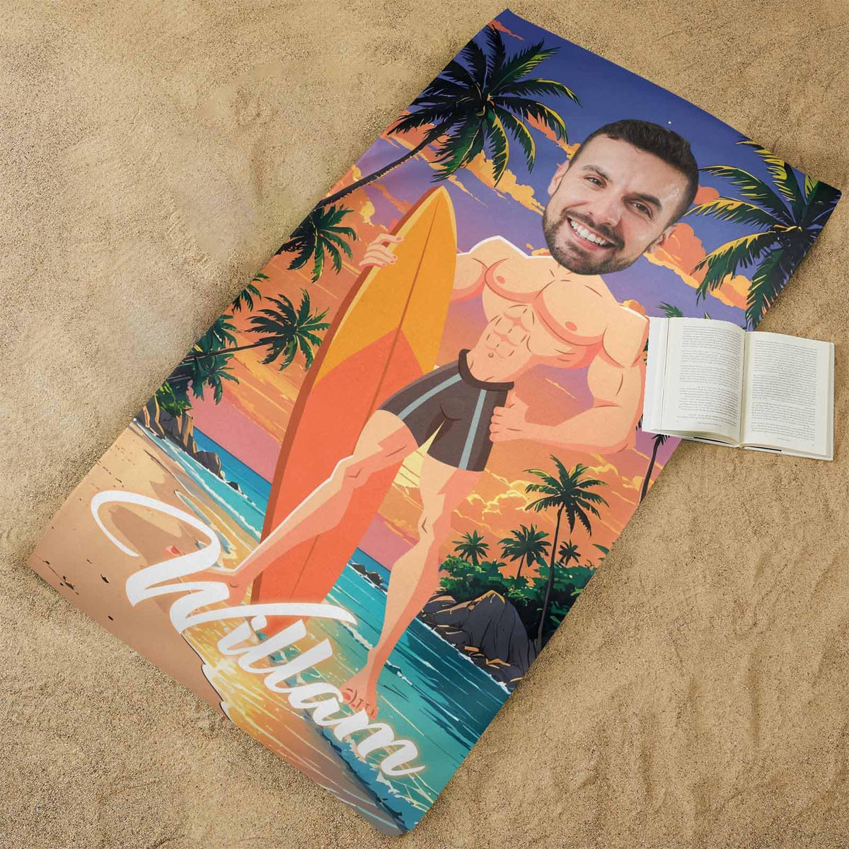 Foldable lightweight personalized photo beach towel with custom name and cartoon face print, compact portable microfiber towel for travel cruise beach swimming pool use