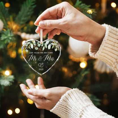 Clear faceted heart glass ornament hanging on Christmas tree, romantic wedding milestone home decor for husband and wife