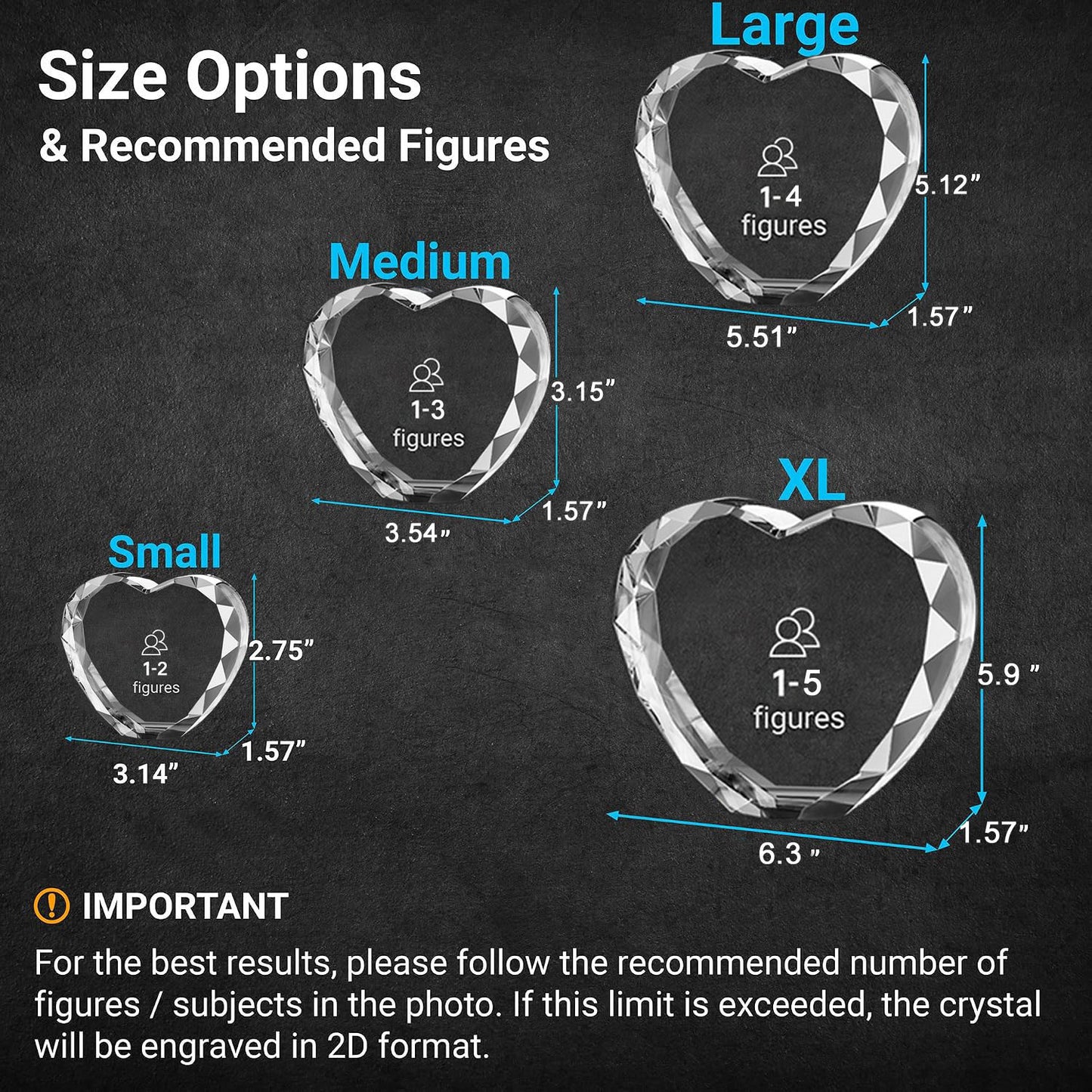 S/M/L/XL sizes custom heart crystal photo keepsake measurement guide