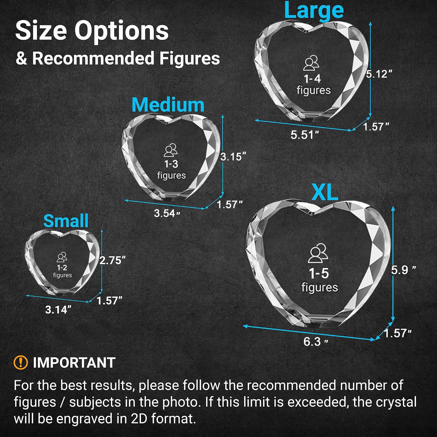 S/M/L/XL sizes custom heart crystal photo keepsake measurement guide