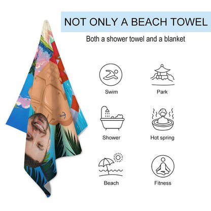 Premium microfiber beach towel functional features: highly absorbent, sand resistant, quick drying, machine washable, fade resistant all over sublimation print care guide