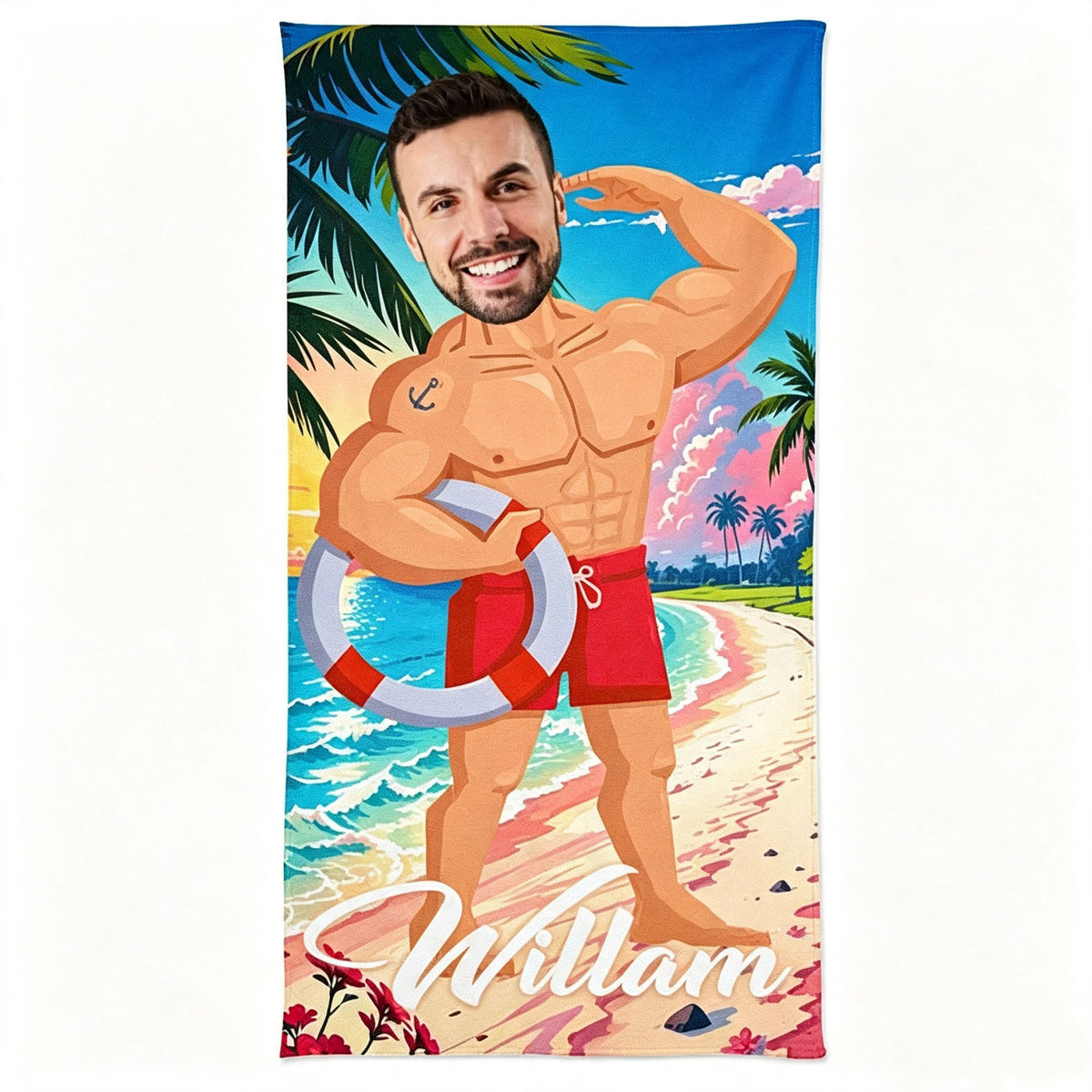 Strong muscle man beach scene custom portrait personalized towel for men, personalized name cursive font print, premium microfiber absorbent large pool towel boyfriend gift