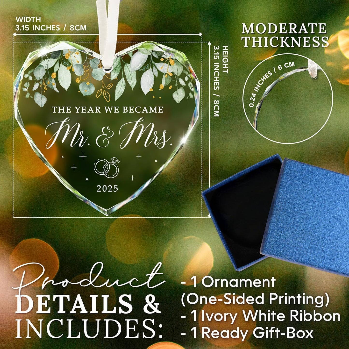 Mr and Mrs crystal hanging ornament set includes satin ribbon, premium gift box, ideal wedding & holiday gift for newlywed pairs