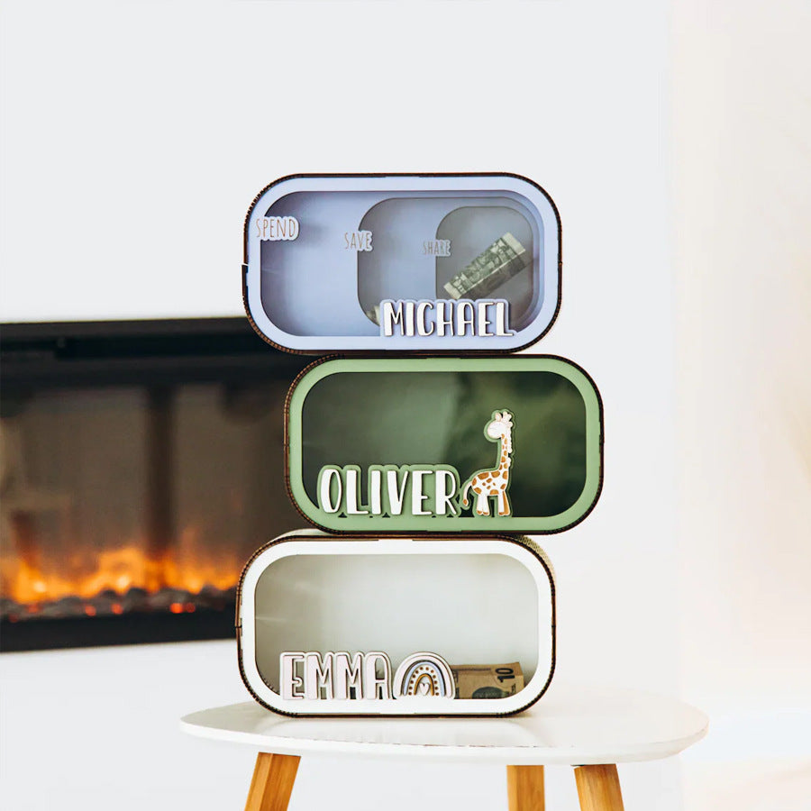 Pastel personalized wooden kids piggy bank set custom name money box nursery shelf decor
