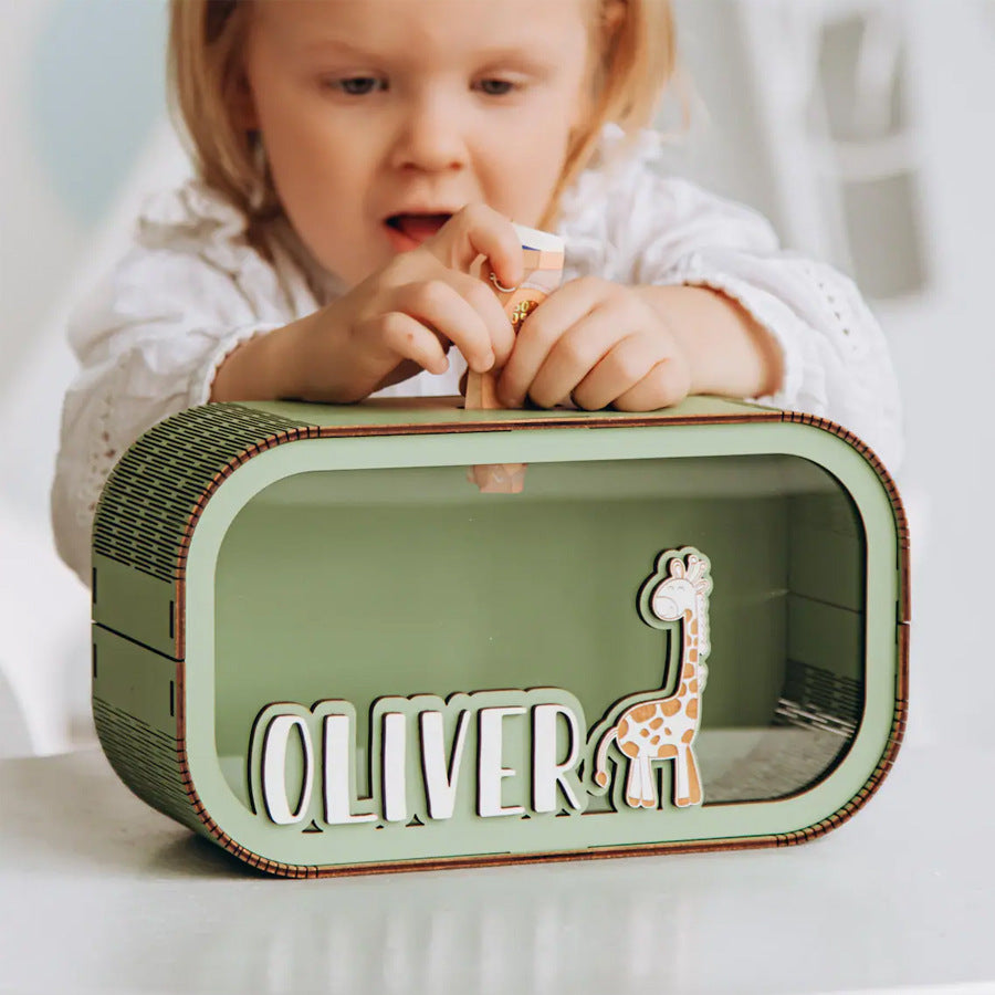 Personalized kids wooden piggy bank with custom name and giraffe decor