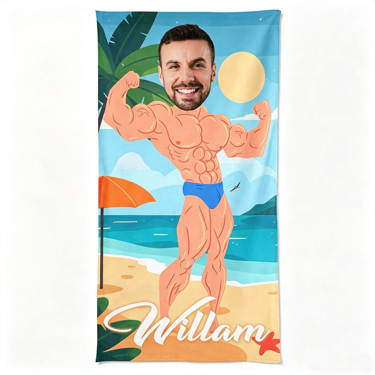 Custom caricature portrait beach towel for men, upload your photo to make unique tropical seaside muscle man design, personalized name printed quick dry microfiber large pool towel, ideal summer vacation & birthday gift for husband boyfriend
