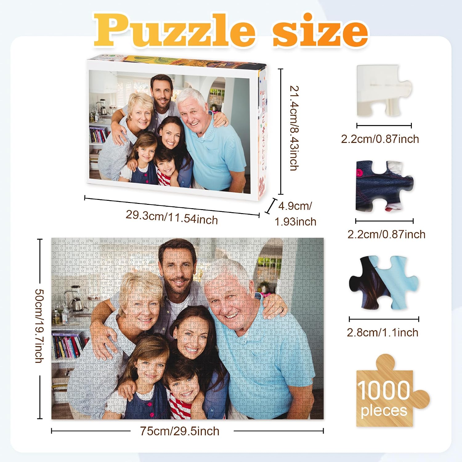 Custom photo puzzle multiple sizes options chart, 100 252 500 1000 pieces personalized jigsaw puzzle dimension comparison, custom puzzle size guide for personal photos