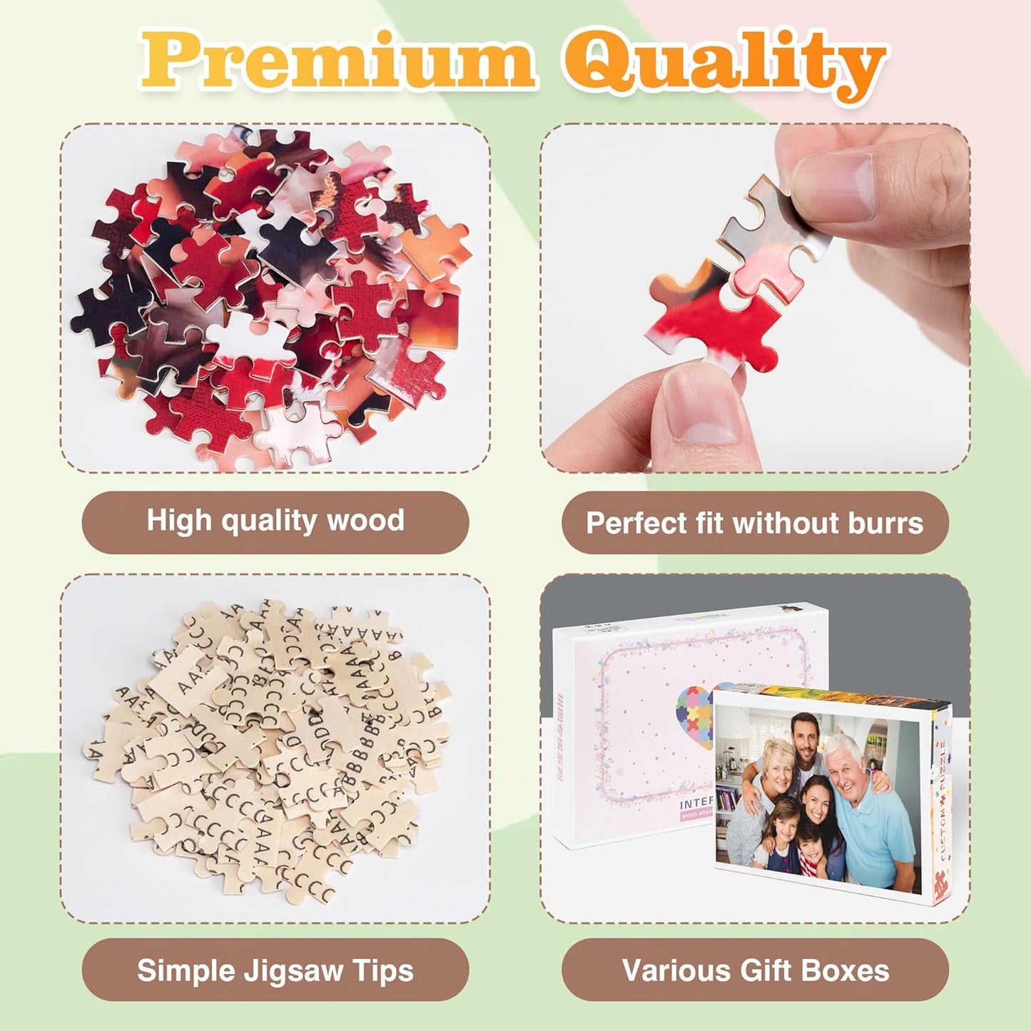 Premium quality personalized photo puzzle features, thick sturdy cardboard, precise laser cut puzzle pieces, vivid HD printing, gift box packaging custom jigsaw puzzle details