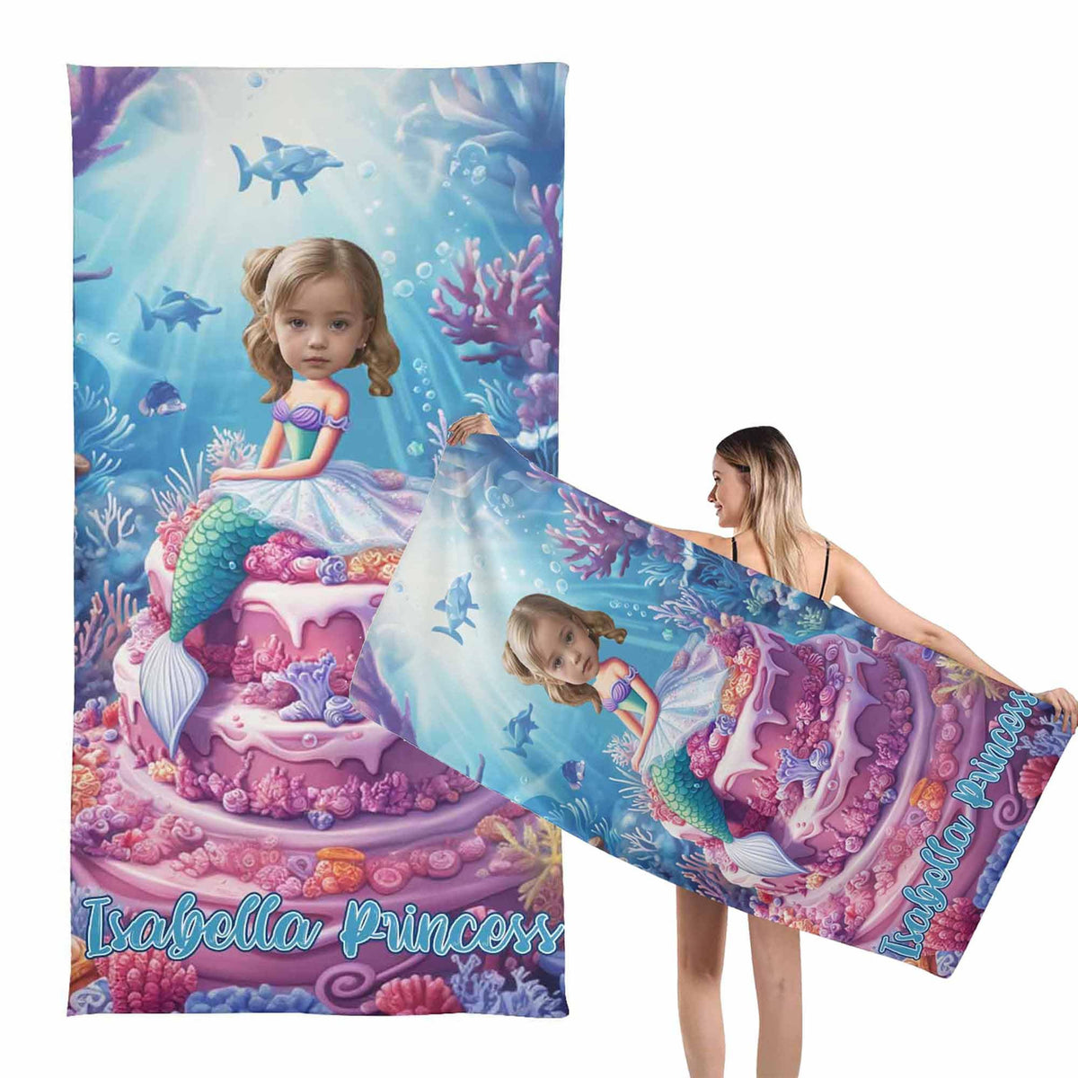 Fantasy underwater princess mermaid personalized kids beach towel, custom child face and name customized design, lightweight absorbent towel for toddler swimming camping