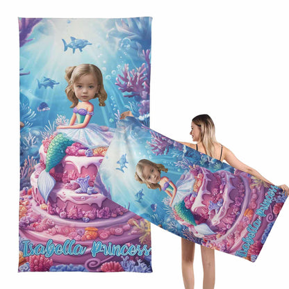 Fantasy underwater princess mermaid personalized kids beach towel, custom child face and name customized design, lightweight absorbent towel for toddler swimming camping