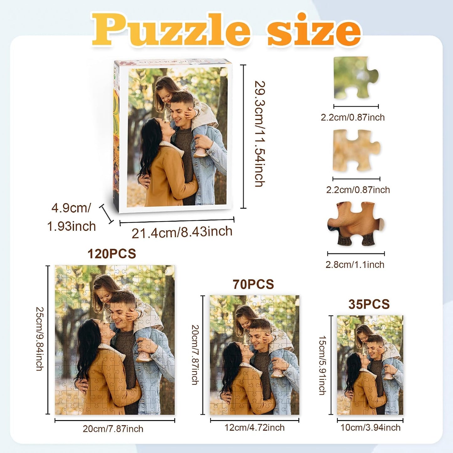 Small size custom photo puzzle dimension guide, 100/250 pieces personalized jigsaw puzzle sizes, beginner friendly custom picture puzzle measurement chart