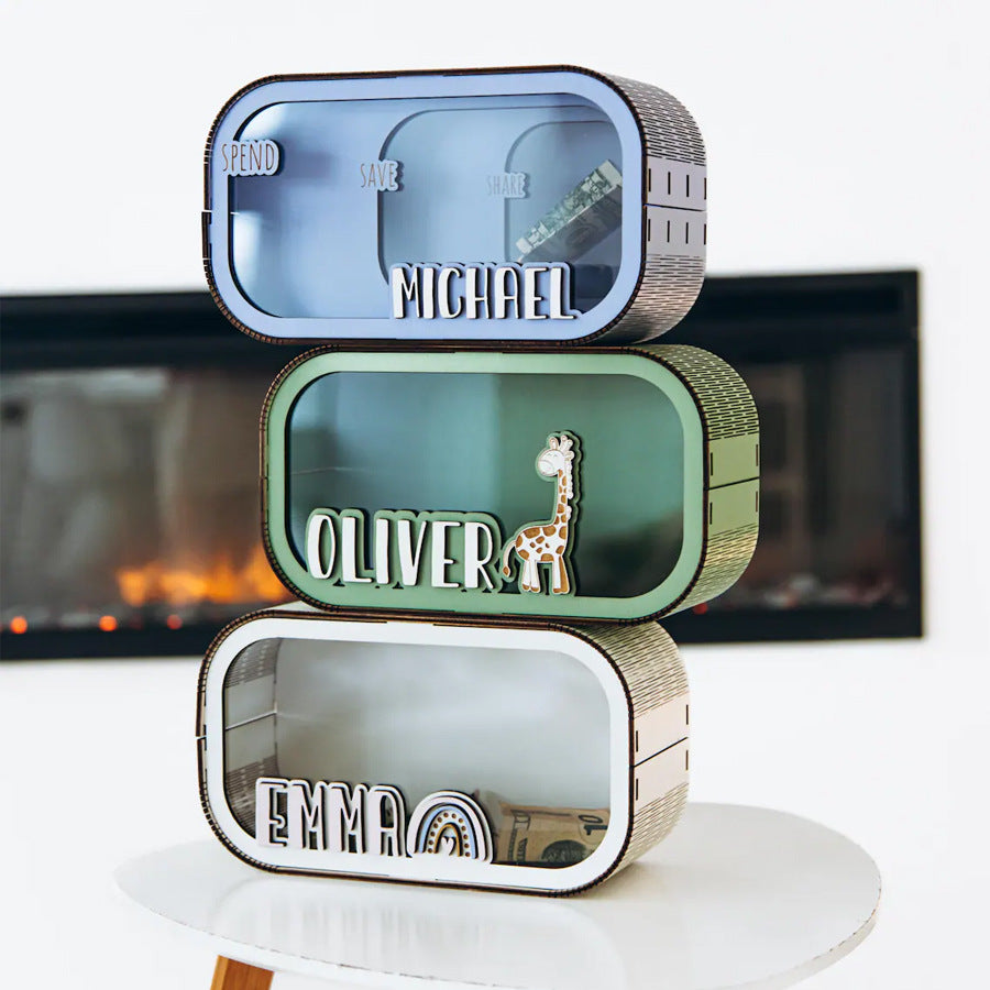 Stackable pastel wooden kids piggy bank custom name coin savings box nursery desktop decoration