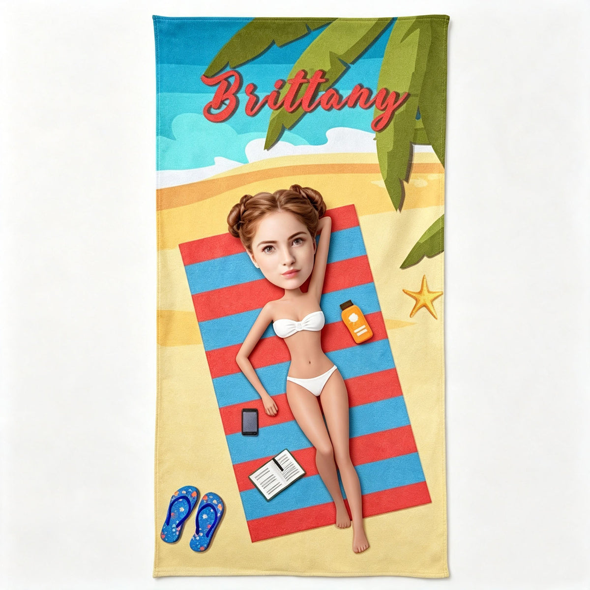 Girl relaxing on striped beach mat custom face personalized towel, seaside daily leisure scene design, fade-proof sublimation printing microfiber large bath towel for her