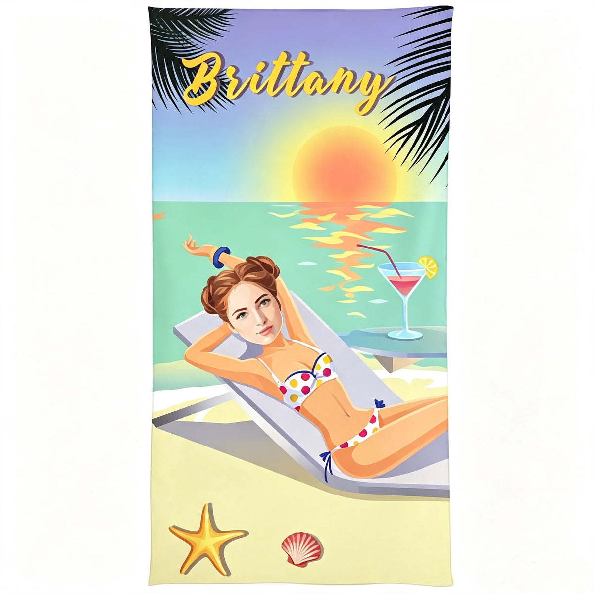 Beach lounge sunbathing lady design custom face personalized towel, tropical sunset palm tree background, custom name printed soft microfiber bath towel for women vacation
