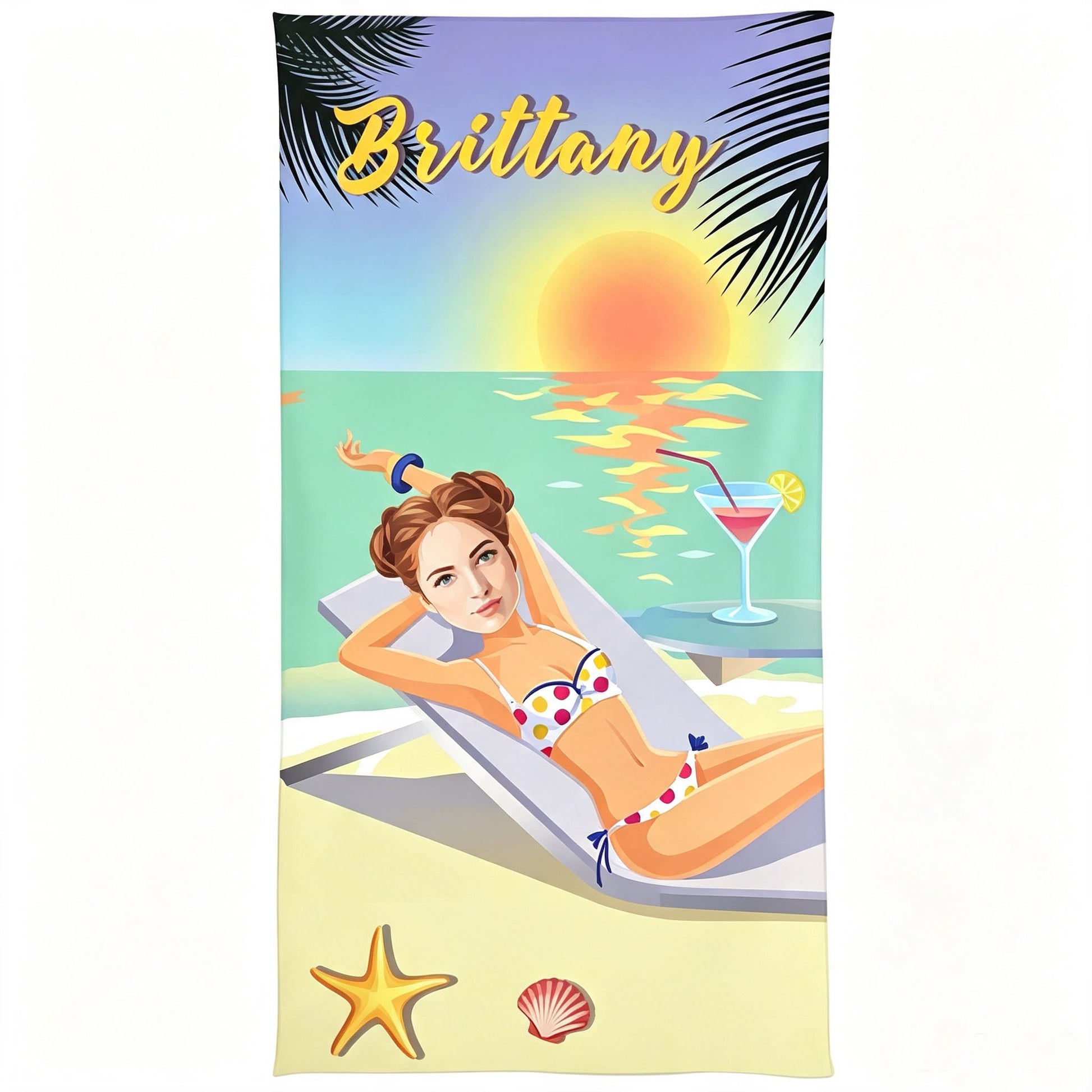 Beach lounge sunbathing lady design custom face personalized towel, tropical sunset palm tree background, custom name printed soft microfiber bath towel for women vacation