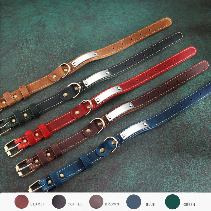 Flat lay all color vintage leather dog collars with custom engraving metal name tags, multi color pet collar collection