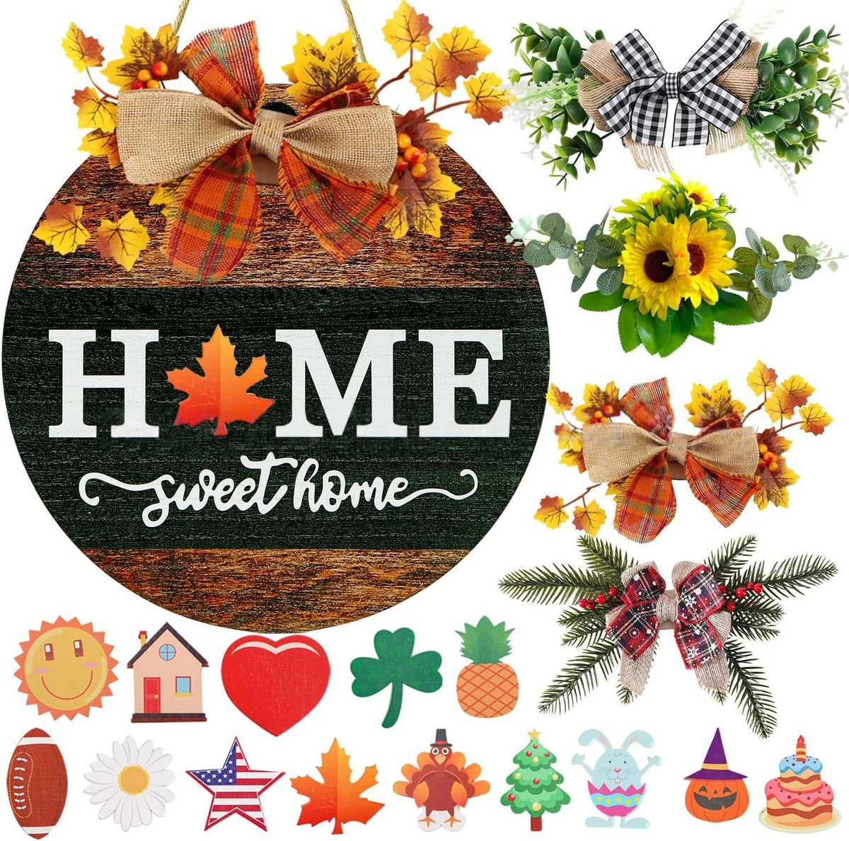 All style variations of interchangeable welcome front door wooden sign, different holiday decoration combinations