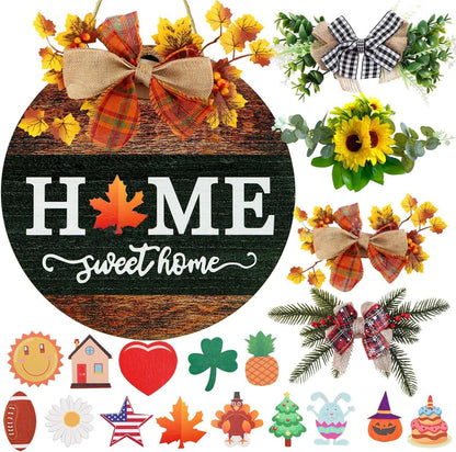 All style variations of interchangeable welcome front door wooden sign, different holiday decoration combinations