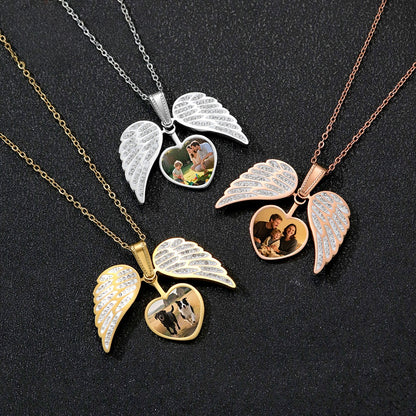 Three-tone zircon angel wing heart photo locket necklace, custom personalized memorial picture pendant in gold silver rose gold
