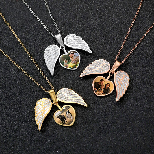 Three-tone zircon angel wing heart photo locket necklace, custom personalized memorial picture pendant in gold silver rose gold