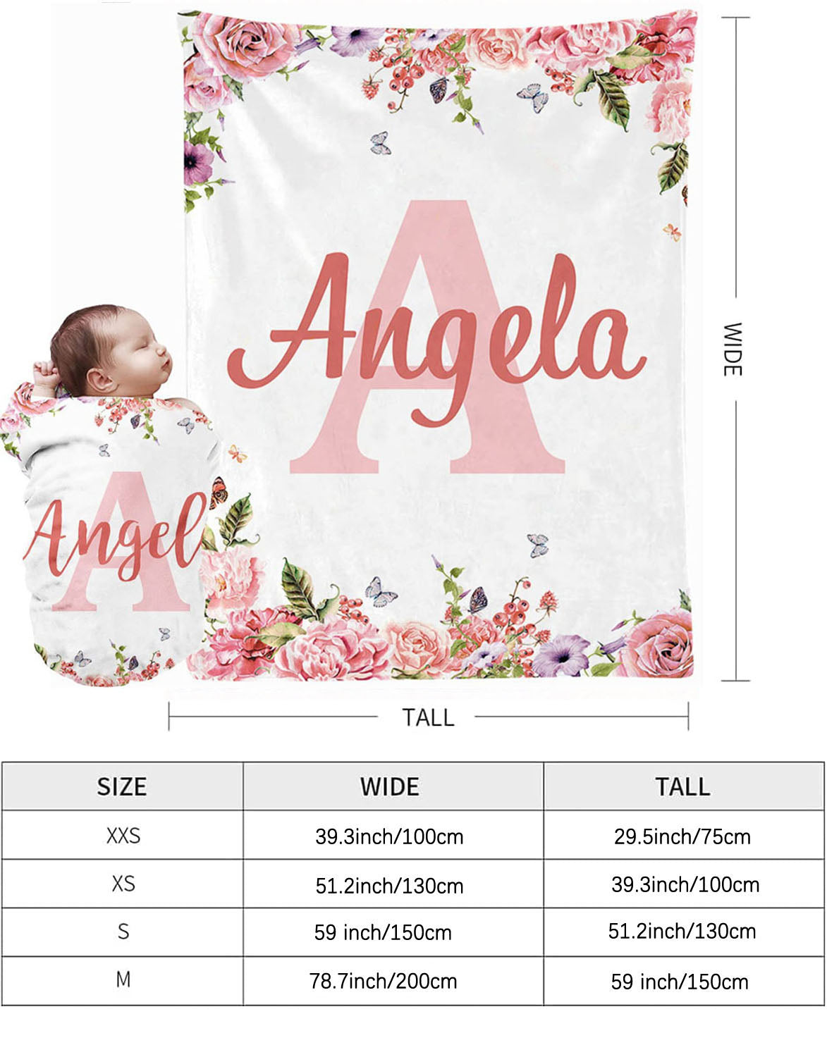 Large initial letter personalized baby blanket named Angela floral border fleece newborn blanket with official size chart guide
