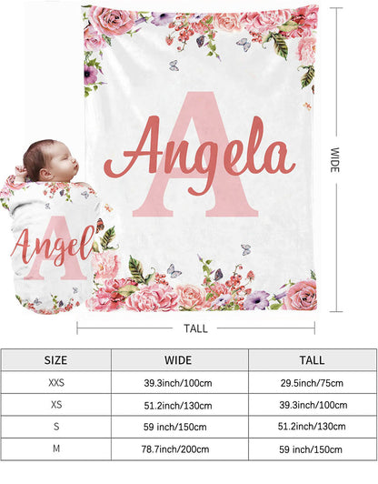 Large initial letter personalized baby blanket named Angela floral border fleece newborn blanket with official size chart guide