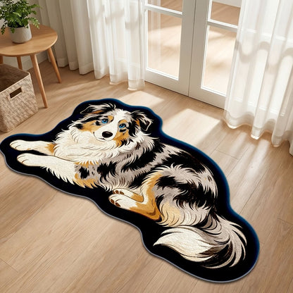 Custom Australian Shepherd dog portrait faux cashmere rug, personalized pet photo shaped floor mat
