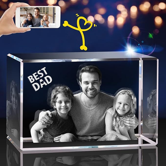 Best Dad Custom Family Photo Engraved Crystal Cube Keepsake Gift