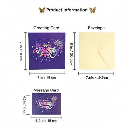 Birthday cake pop up greeting card size chart with envelope and message card dimensions