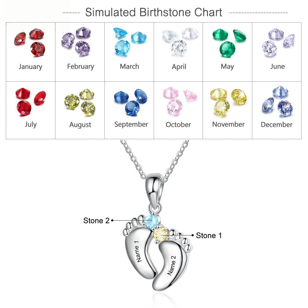 12-month birthstone color matching chart and dimension marking diagram for brass footprint zircon necklace
